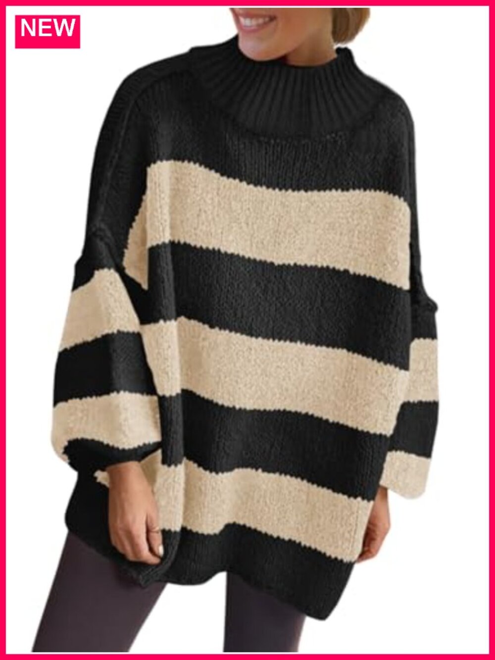 Oversized Striped Chunky Knit Mock Neck Pullover Sweater Casual